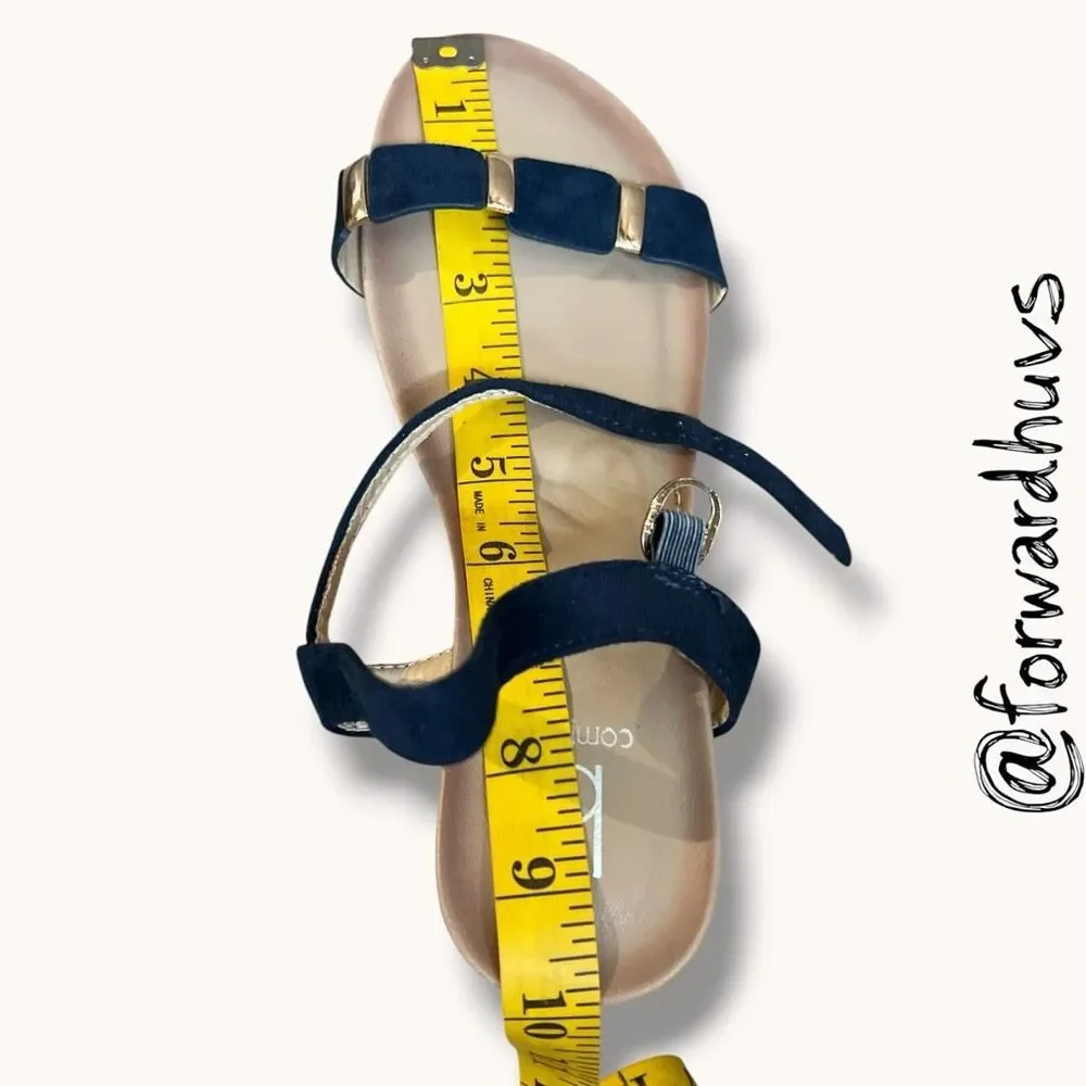 B. Comfort Navy Blue & Gold Ankle Strap Wedge Sandals Size 9